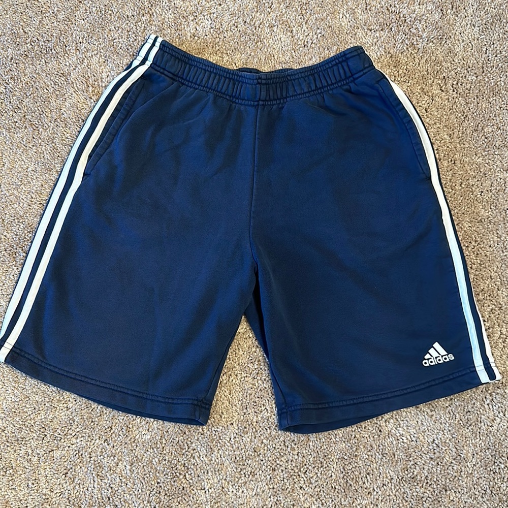 Adidas athletic shorts. Navy blue with white stripes. Size Medium.  Good cond.